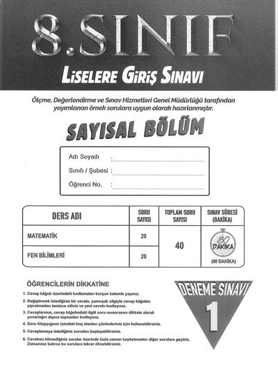 LİSELERE GİRİŞ SINAVI SAYISAL BÖLÜM DENEME SINAVI Fotokopi.SHOP - Öğrencilerin Marketi!