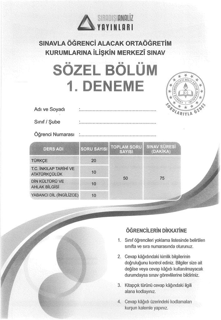 SÖZEL BÖLÜM 1. DENEME MERKEZİ SINAV