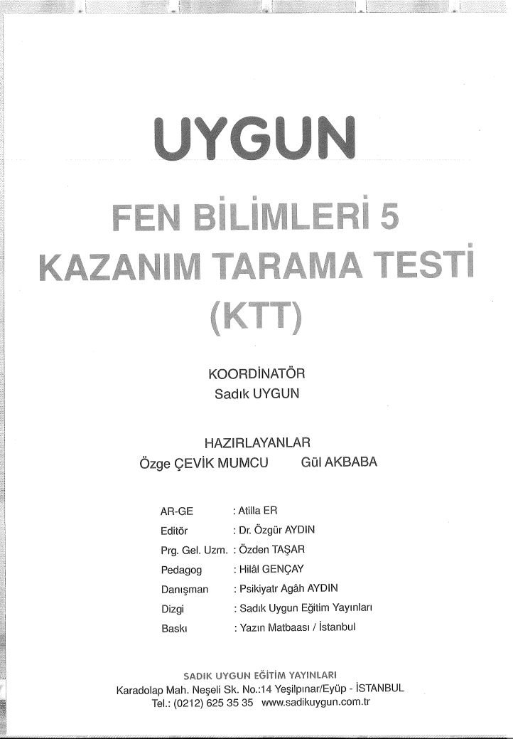 UYGUN FEN BİLİMLERİ KAZANIM TARAMA TESTİ