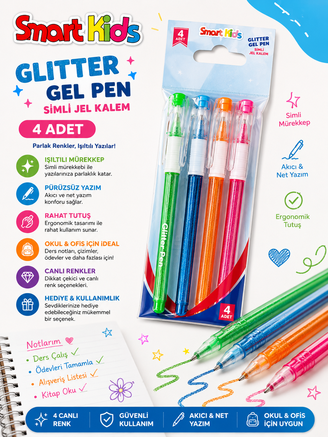 Smart Kids Glitter Simli Jel Kalem 4'lü