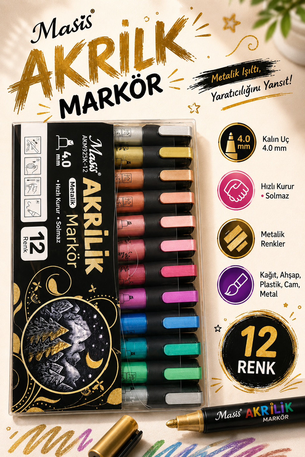 Masis AKRİLİK METALİK MARKÖRÜ 12 Lİ AKM925K-12