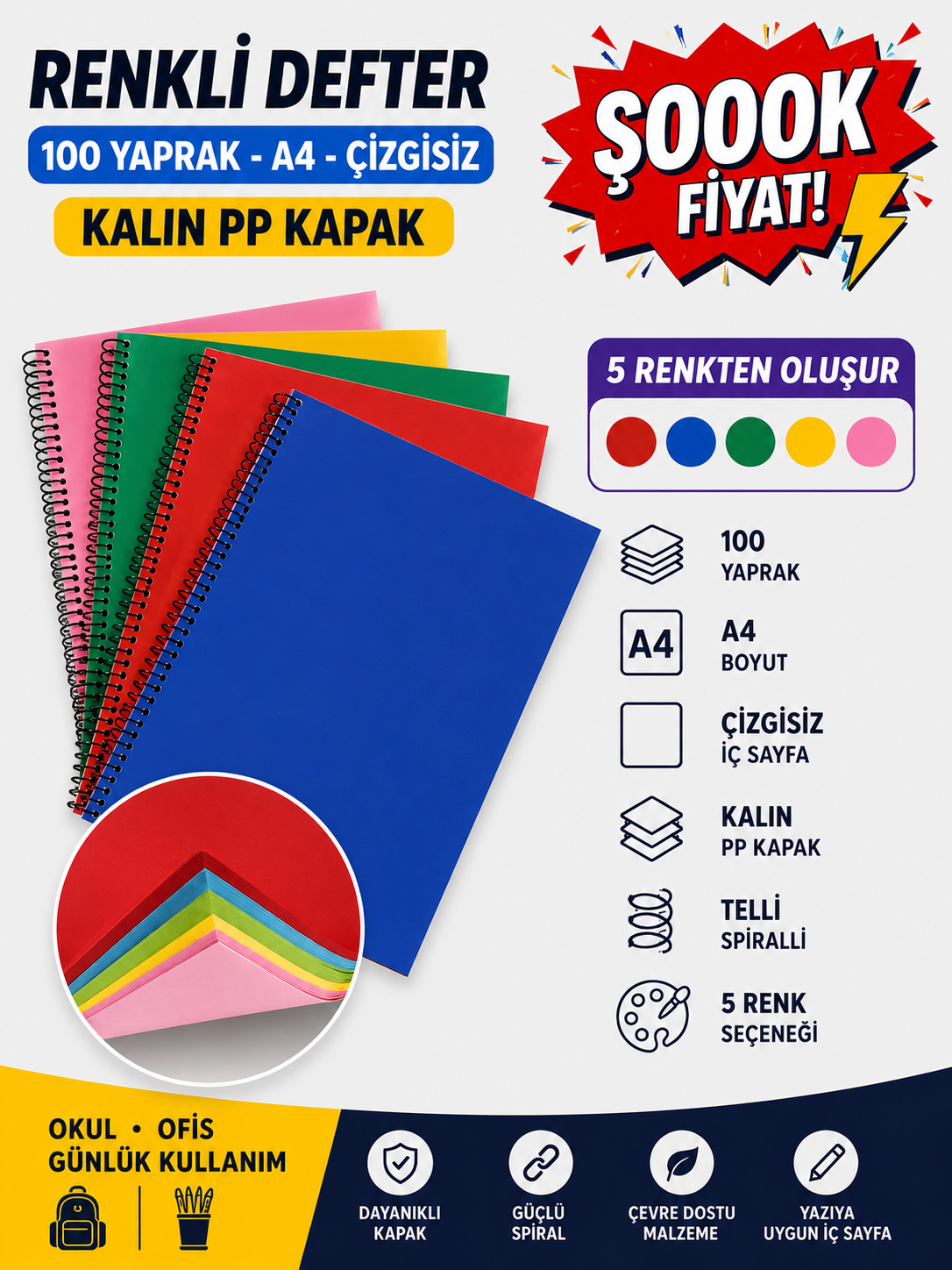 Renkli A4 100 Yaprak Çizgisiz Telli Defter