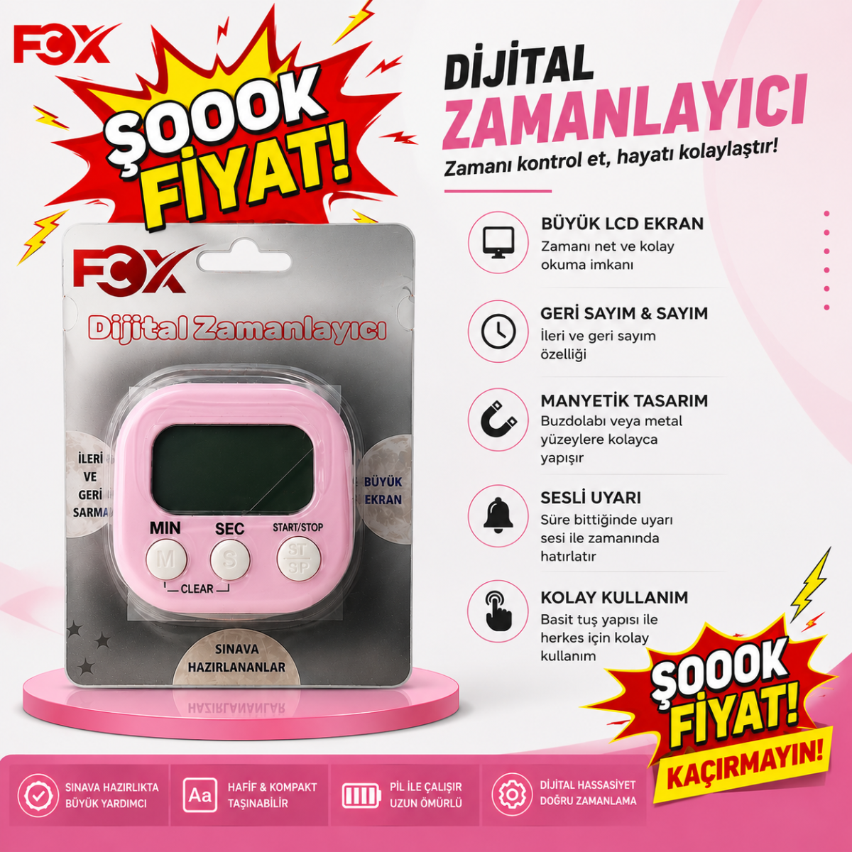 Öğrenci Kronometresi Dijital Zamanlayıcı Mıknatıslı FCZ-100 (Pembe)