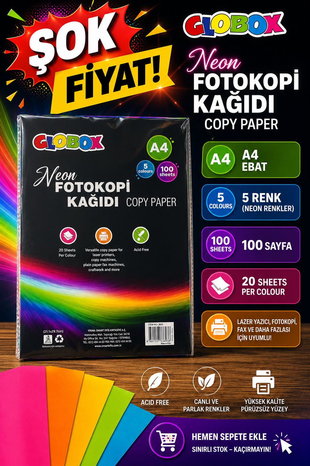 5 Renk 100 Sayfa Renkli Fotokopi Kağıdı Neon Globox