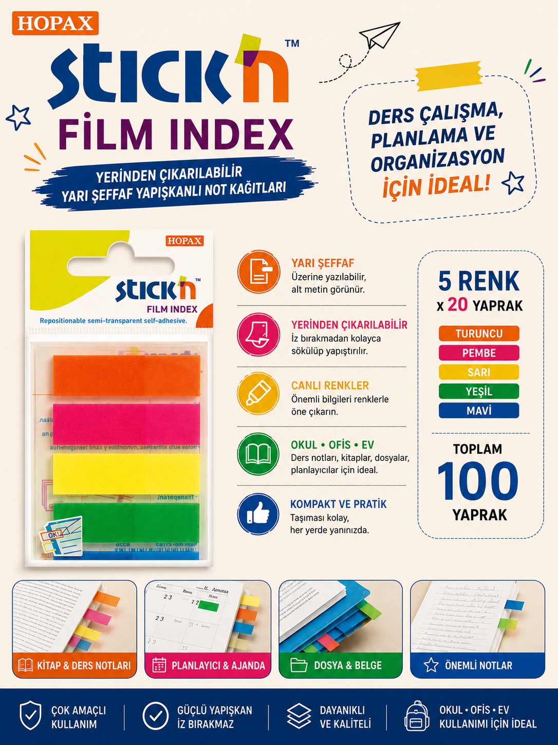 Stickn 45x12 Neon 5 Renk Film Ayraç 25 Yaprak