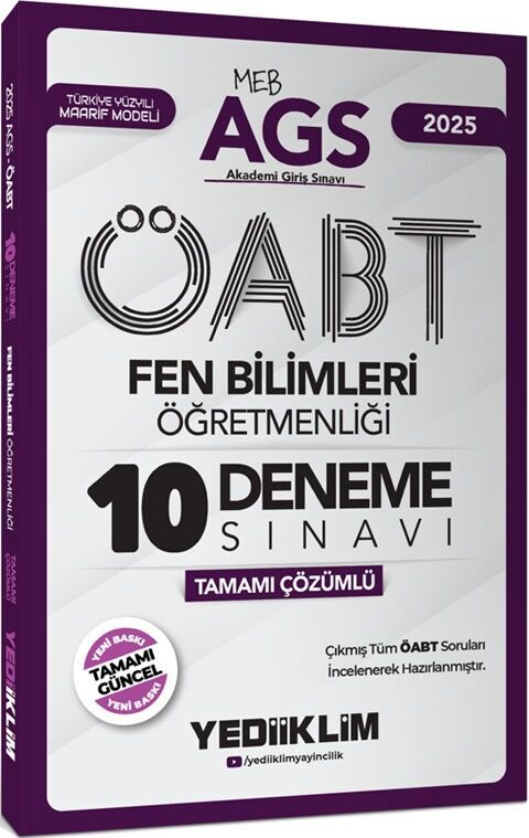 2025 MEB AGS ÖABT Fen Bilimleri Öğretmenliği Tamamı Çözümlü 10 Deneme Sınavı Yediiklim Yayınları