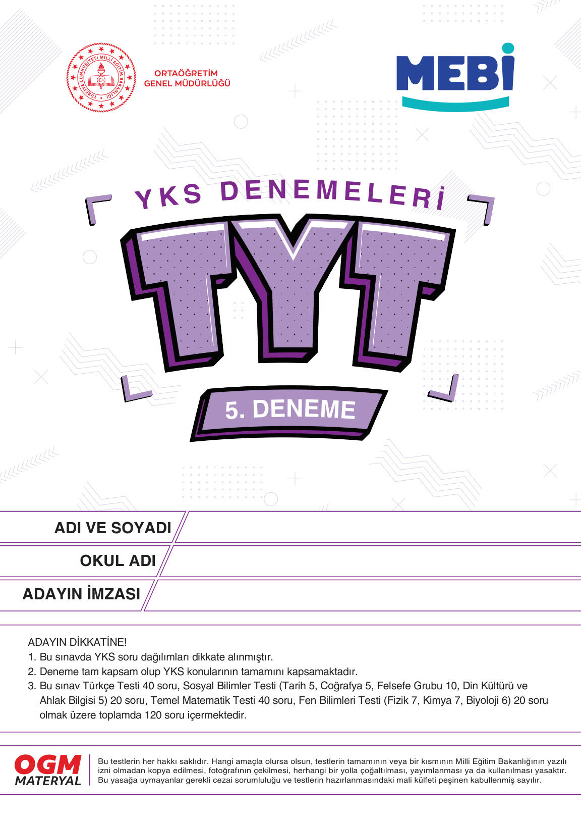 MEBİ YKS Denemeleri TYT 5. Deneme