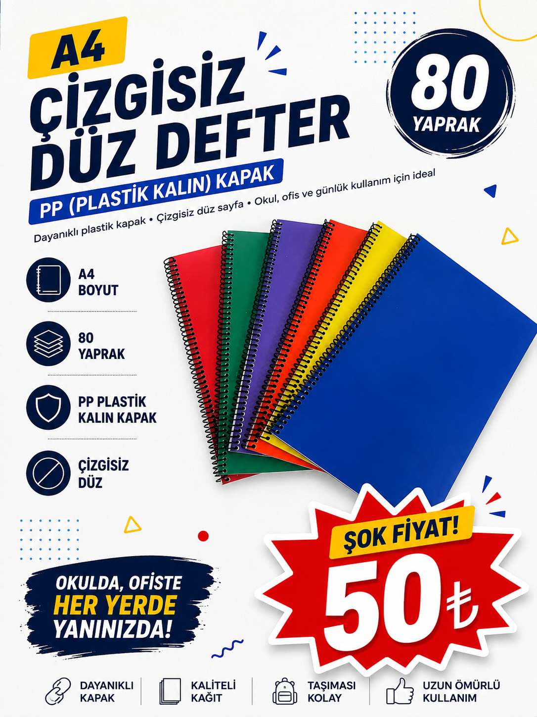 A4 80 Yaprak Çizgisiz PP (Kalın Plastik) KAPAK DEFTER