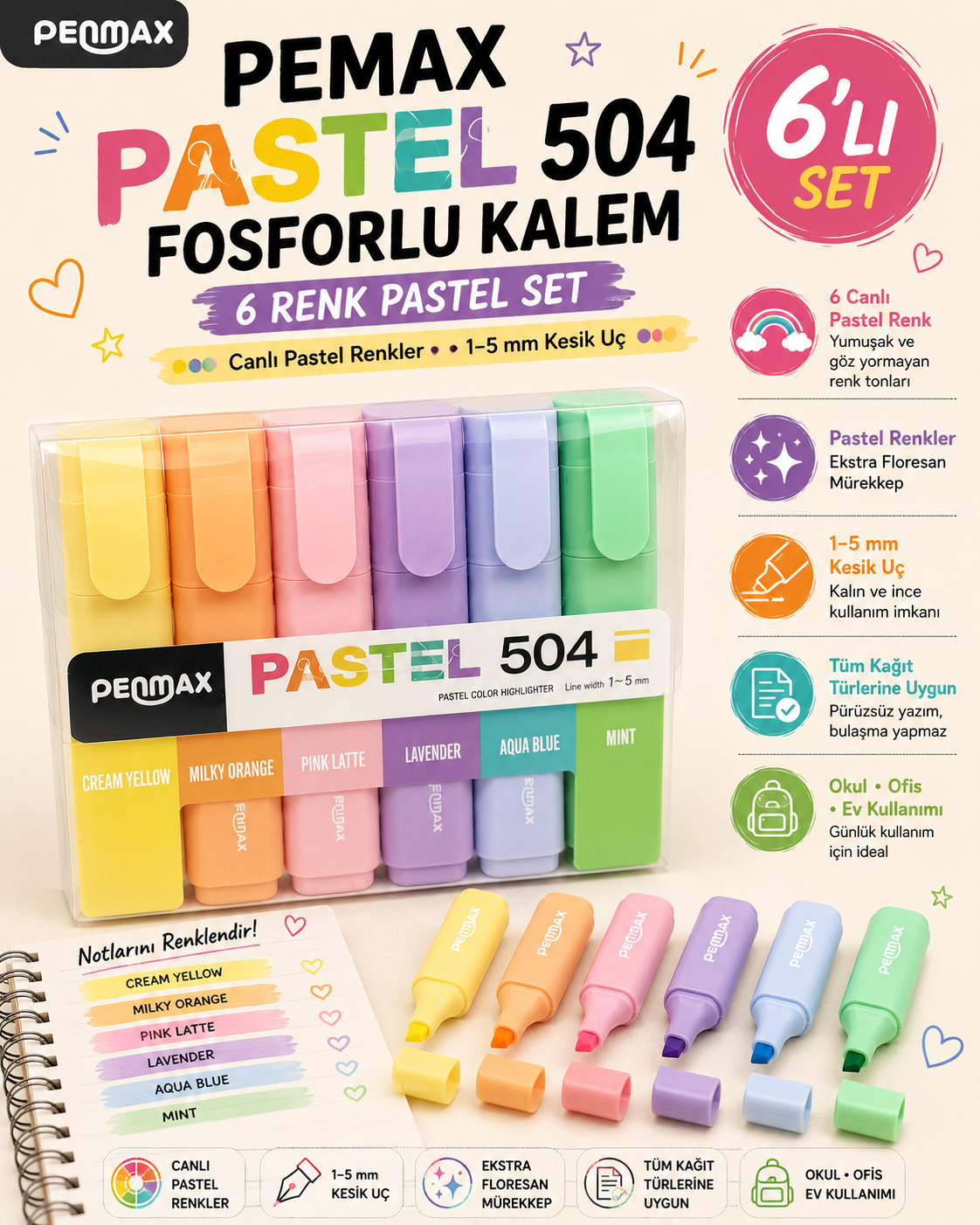 Penmax Fosforlu Işaretleme Kalemi Pastel Renkler 6'lı Set
