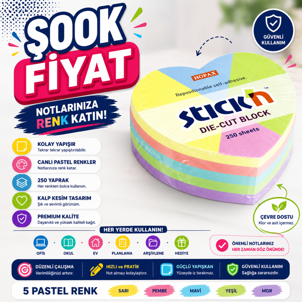 Neon 250 Yaprak Yapışkanlı 51x51 Küp Not Kağıdı