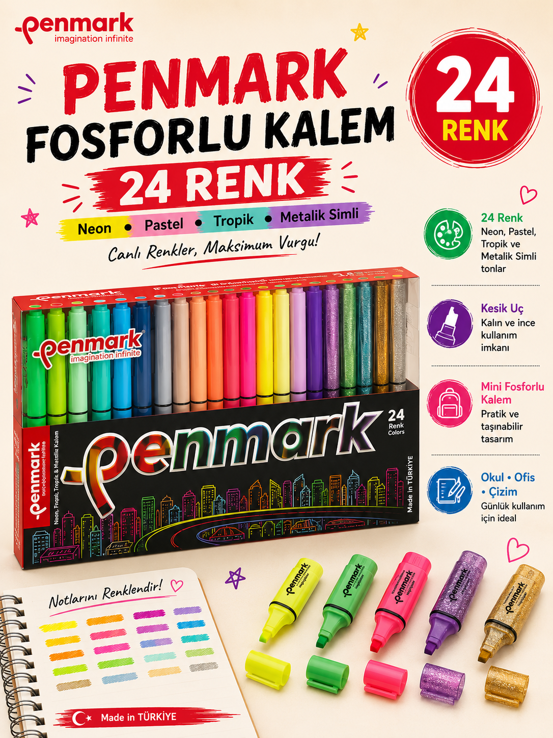 Penmark Fosforlu Kalem 24 Lü Süper Kutu 6 Neon+6 Pastel+6 Tropik+6 Simli