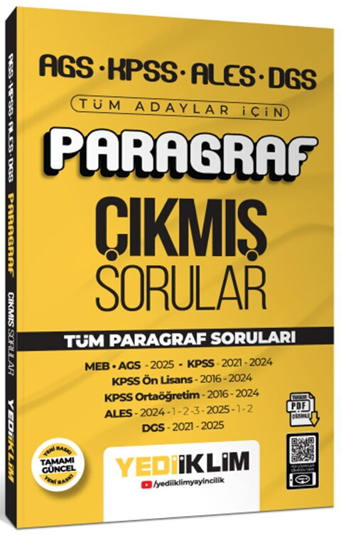 AGS KPSS ALES DGS Tüm Adaylar İçin Paragraf Tamamı PDF Çözümlü Tüm Paragraf Soruları Çıkmış Sorular Yediiklim Yayınları