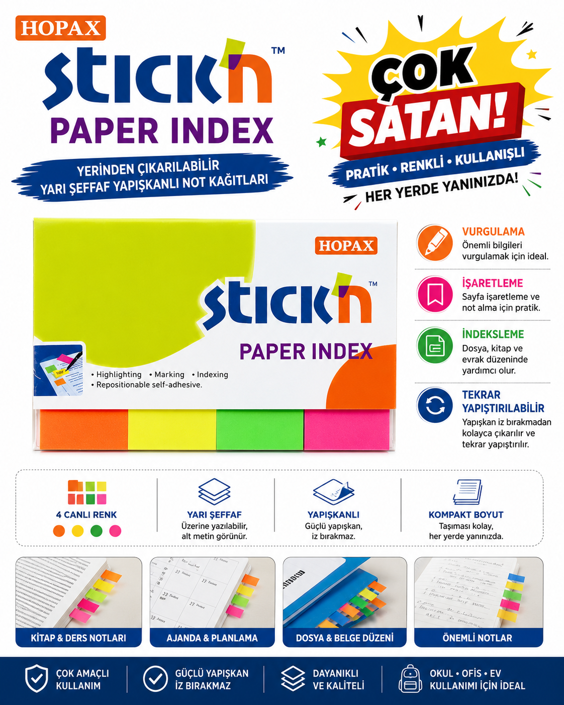 Stickn Yapışkanlı Kağıt Ayraç Neon 4 Renk 50x20 200 Yaprak