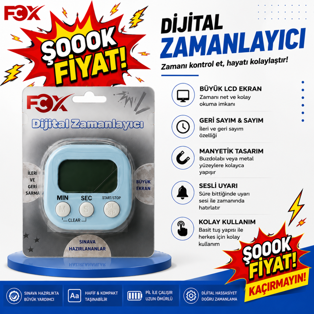 Öğrenci Kronometresi Dijital Zamanlayıcı Mıknatıslı FCZ-100 (Mavi)