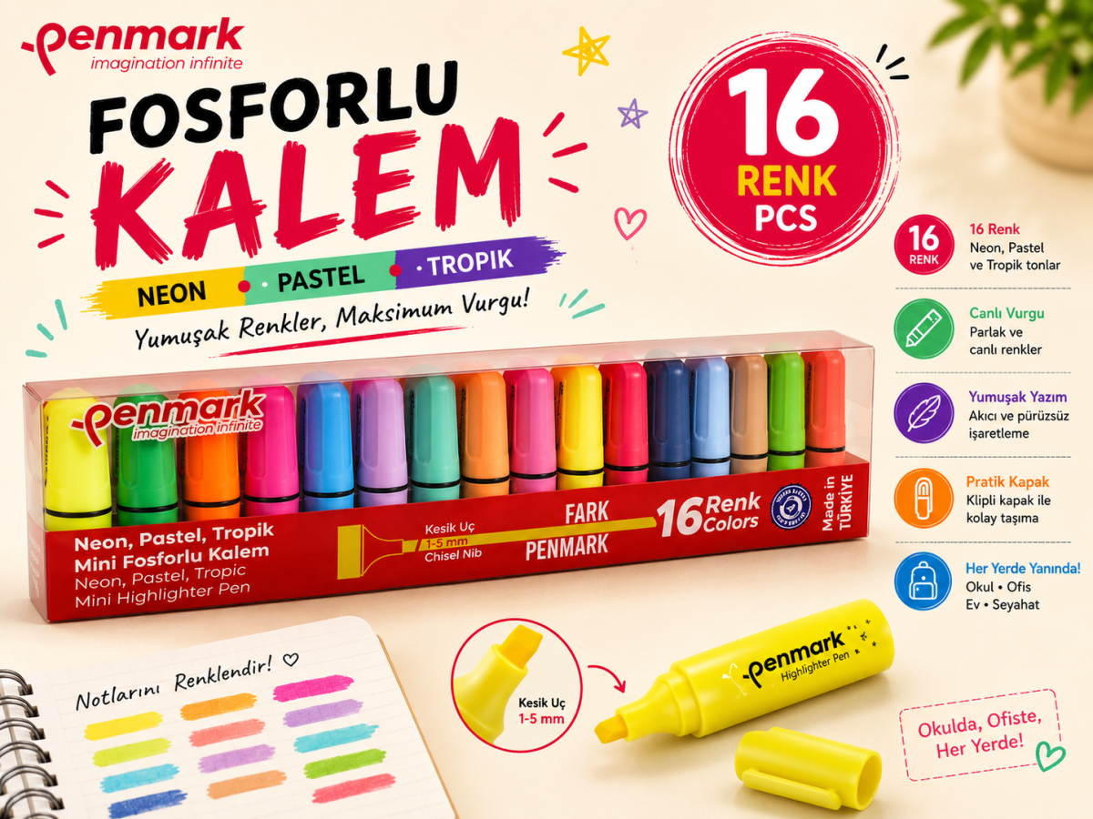 Penmark Mini Fosforlu Kalem 16 Lı Neon+Pastel+Tropik