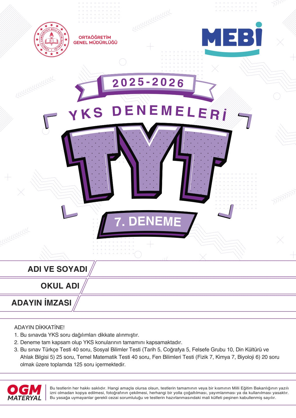 MEBİ YKS Denemeleri TYT 7. Deneme