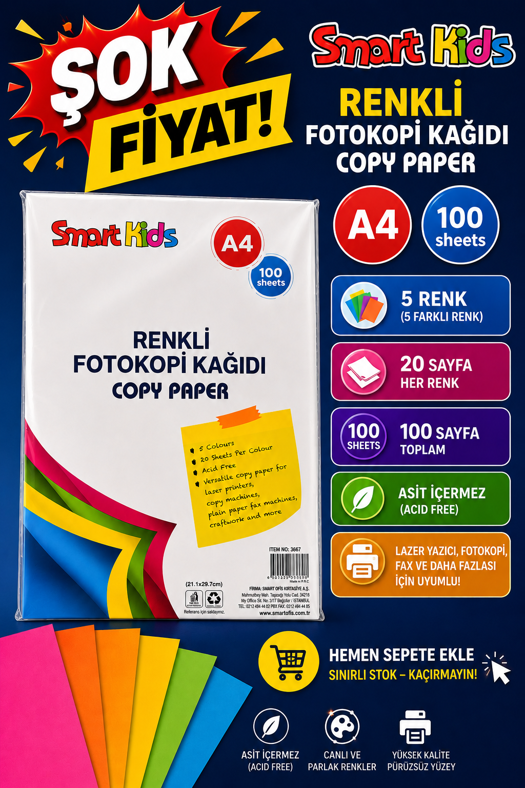 5 Renk 100 Sayfa Renkli Fotokopi Kağıdı Smart Kids