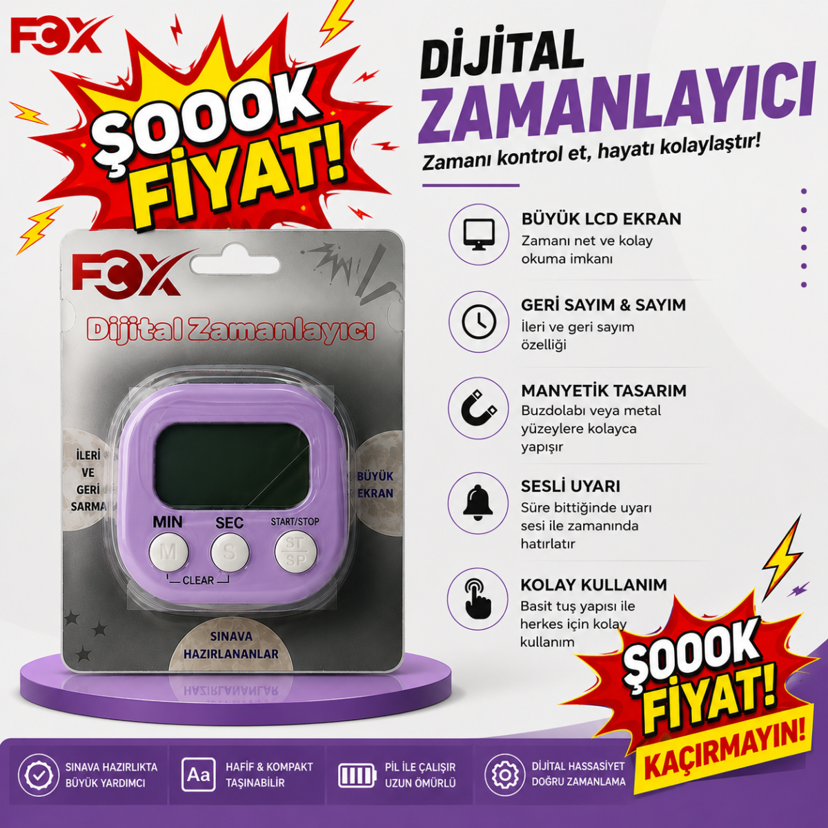 Öğrenci Kronometresi Dijital Zamanlayıcı Mıknatıslı FCZ-100 (Lila)