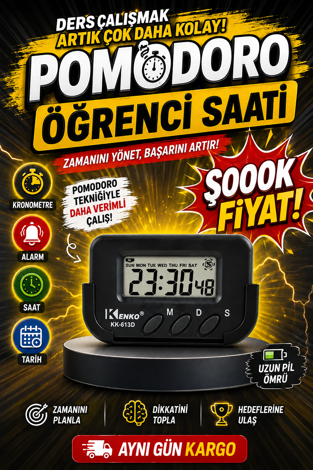 Kenko Pomodoro Öğrenci Saati - Kronometreli Ders Çalışma Saati - Dijital Masa Saati Kenko KK-613D
