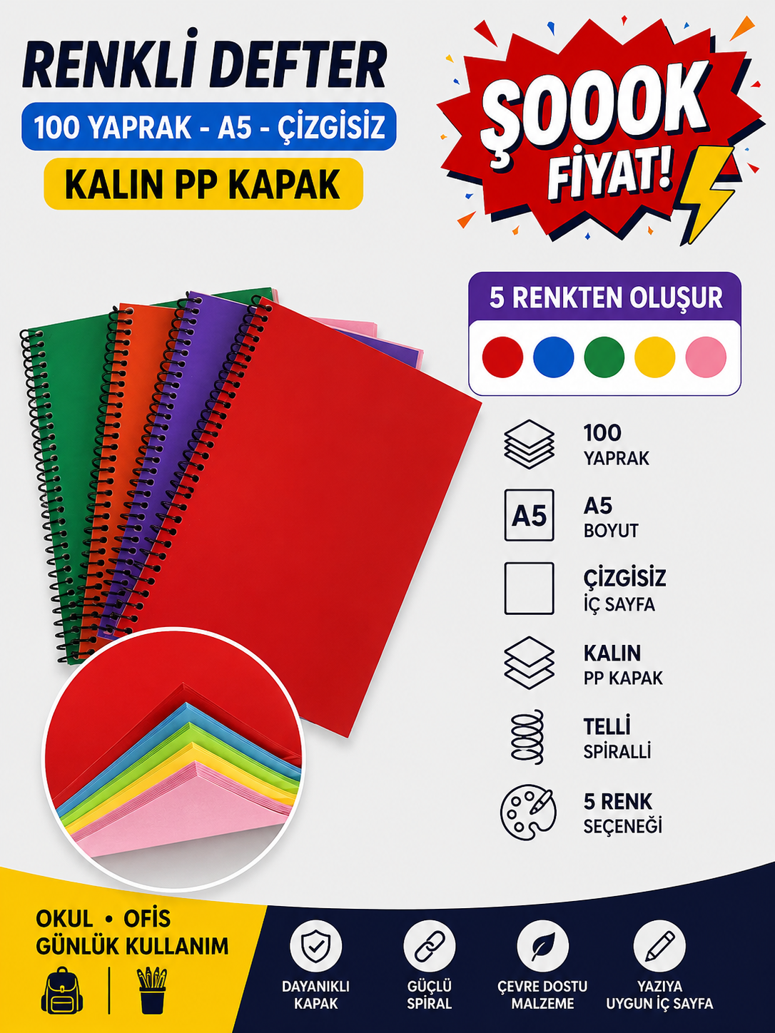 Renkli A5 100 Yaprak Çizgisiz Telli Defter