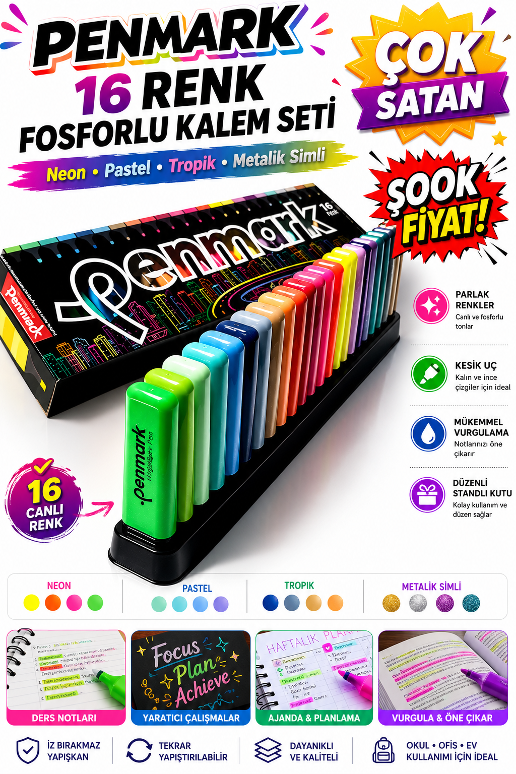 Penmark Fosforlu Kalem 16 Renk Set Süper Kutu