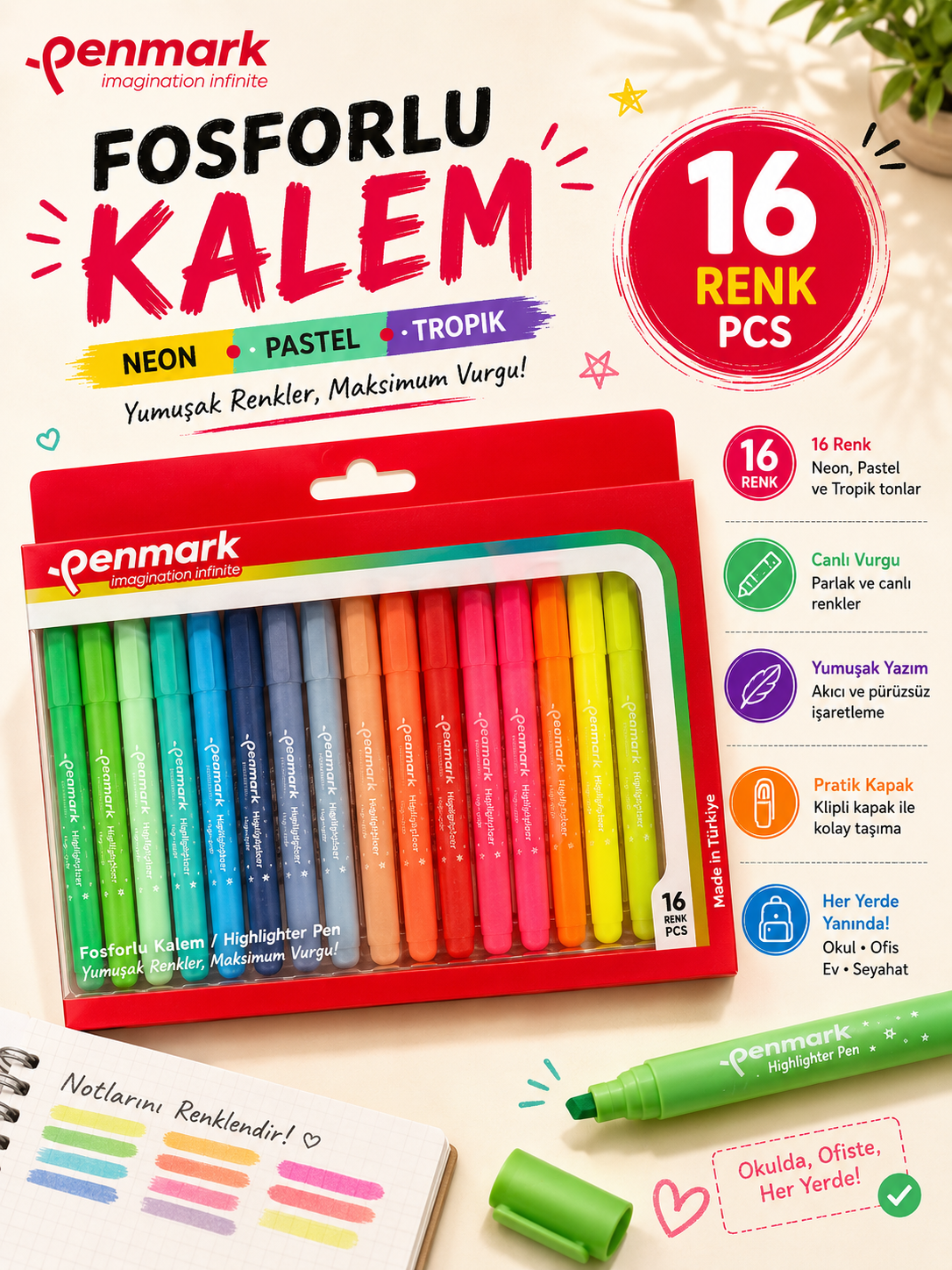Penmark Kalem Tipi Fosforlu Kalem 18 Li Bristol Neon+Pastel+Tropik