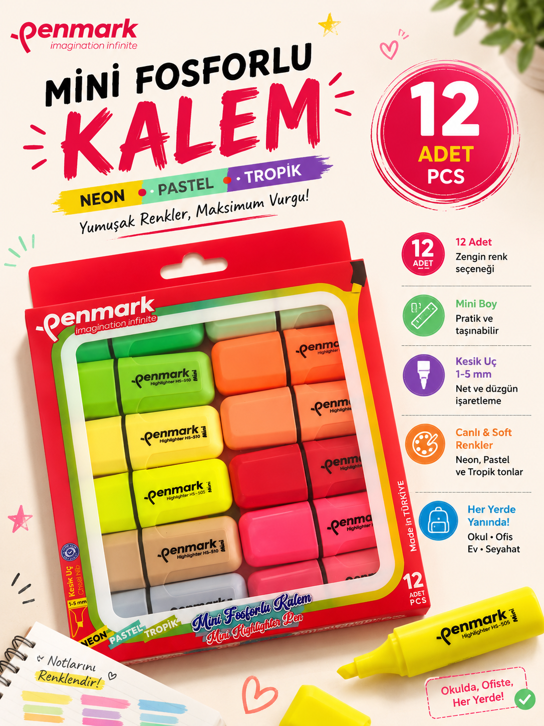PENMARK 12'Lİ FOSFORLU KALEM SETİ
