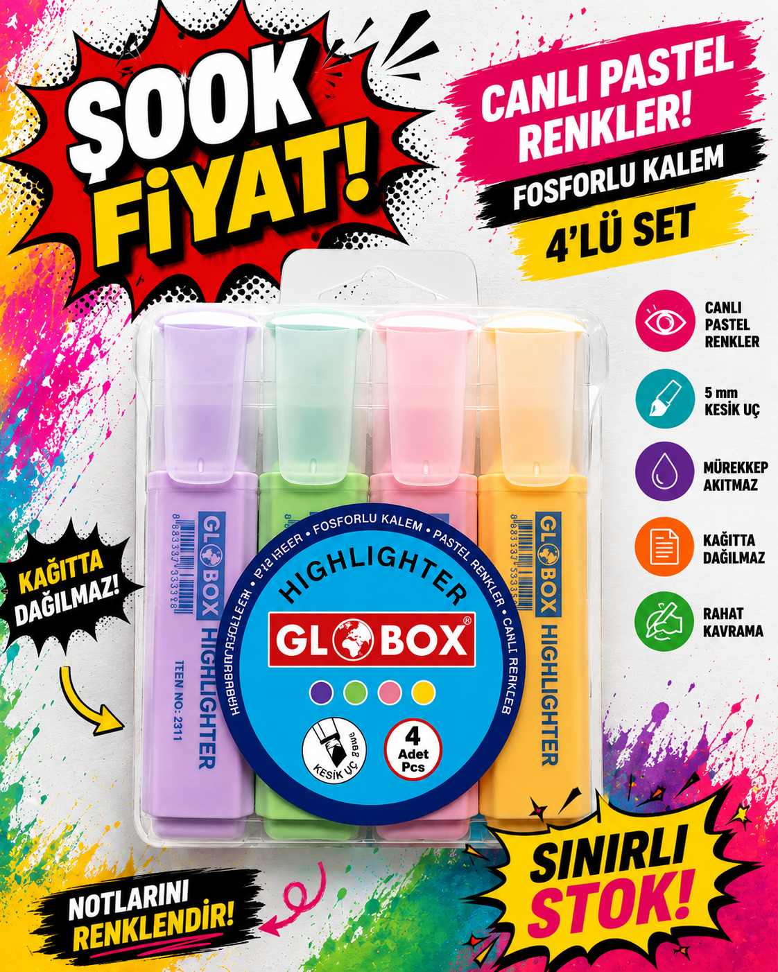 Globox Fosforlu Kalem Pastel Renk 4.lü