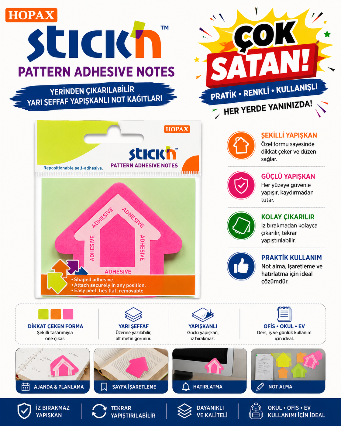 Pembe Ok Şekilli 50 Yaprak 70x70 Yapışkanlı Not Kağıdı
