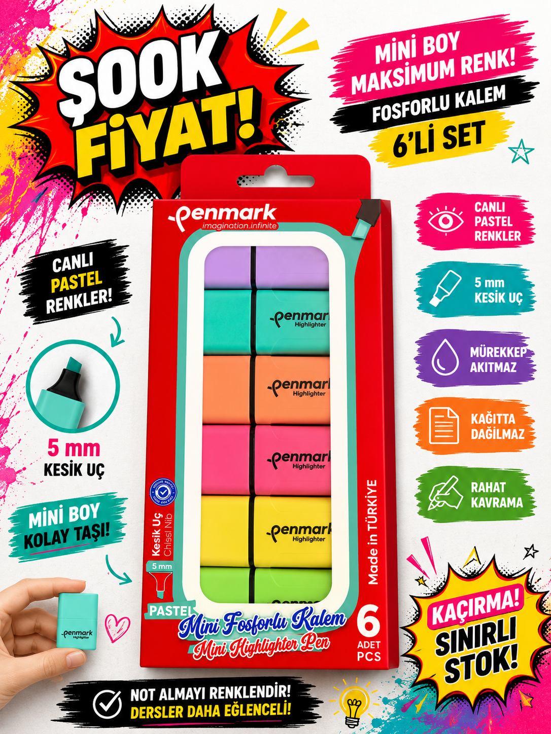 MİNİ FOSFORLU KALEM 6 LI PASTEL PENMARK