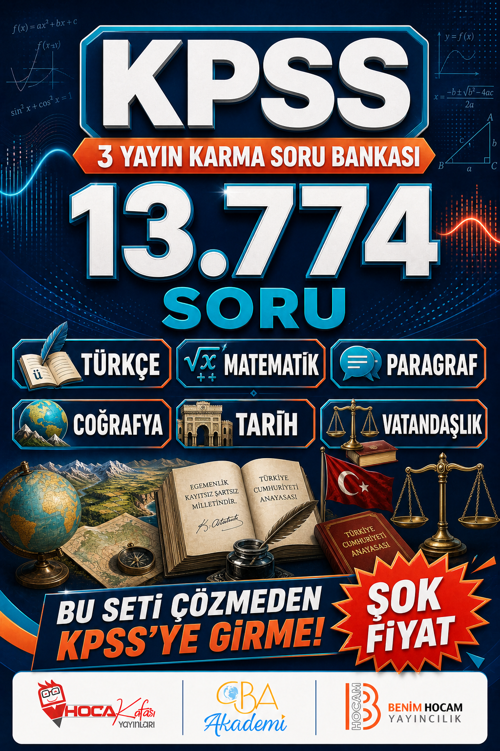 KPSS Tüm Dersler (Türkçe-Paragraf-Matematik-Coğrafya-Tarih-Vatandaşlık) 3 Yayın Karma Soru Bankası Tam 13774 Soru