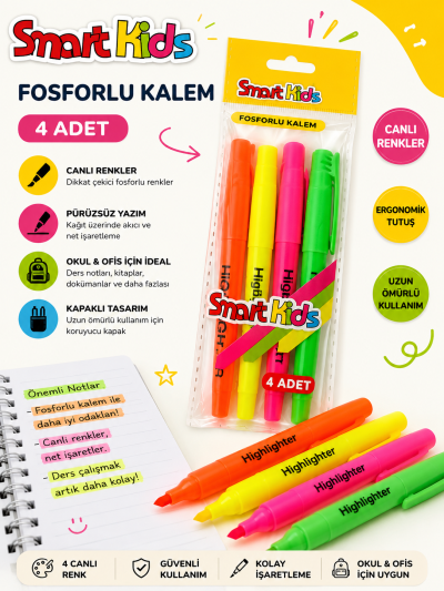 Smart Kids 4 Adet Fosforlu Kalem