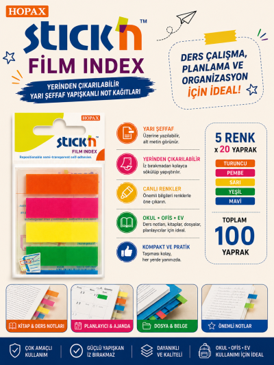 Stickn 45x12 Neon 5 Renk Film Ayraç 25 Yaprak
