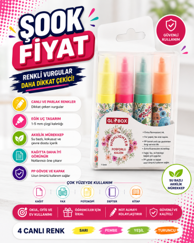 Globox Fosforlu Kalem Baskılı 4 Lü Set