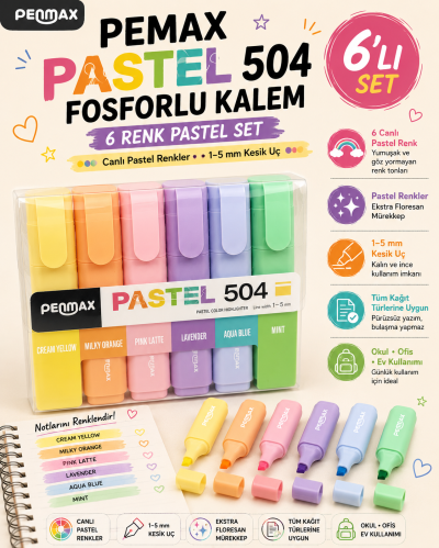 Penmax Fosforlu Işaretleme Kalemi Pastel Renkler 6'lı Set
