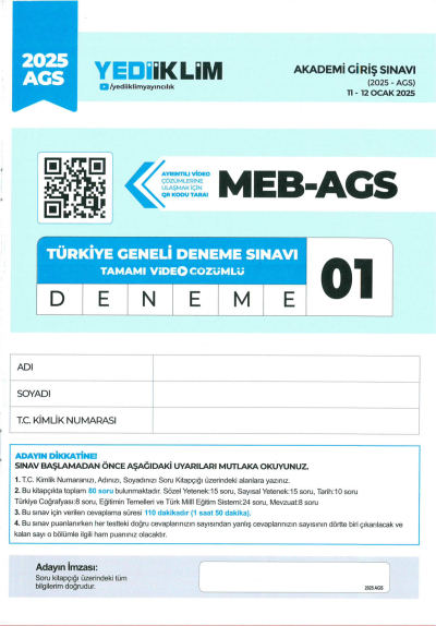 2025 MEB AGS TÜRKİYE GENELİ DENEME SINAVLARI YEDİİKLİM YAYINLARI 1-2-3-4-5 DENEMELER (QR ÇÖZÜMLÜ)
