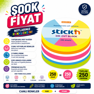 Hopax Stıck'n 21830 Yapışkanlı Yuvarlak Blok Neon 250 Yaprak