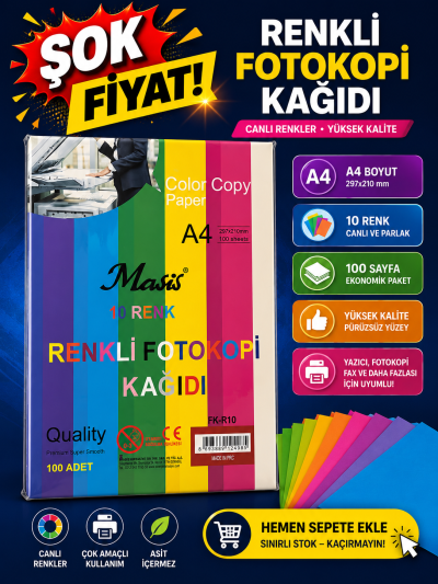 10 Renk 100 Sayfa Renkli Fotokopi Kağıdı