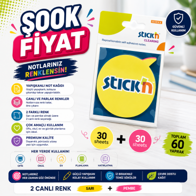2 Neon Renk Yuvarlak Konuşma Balonu 60 Yaprak 76x76 Yapışkanlı Not Kağıdı