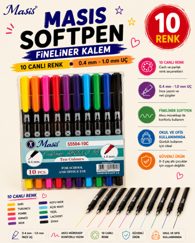 Masis Fineliner Apollo 55 İki Uçlu Kalem 10Lu