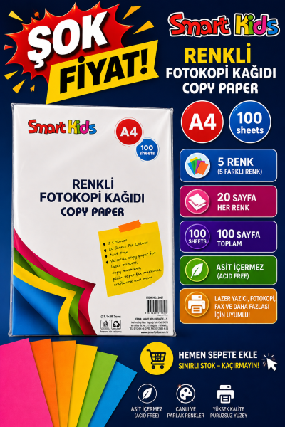 5 Renk 100 Sayfa Renkli Fotokopi Kağıdı Smart Kids