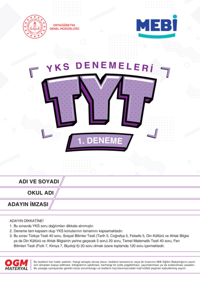 MEBİ YKS Denemeleri TYT 1. Deneme