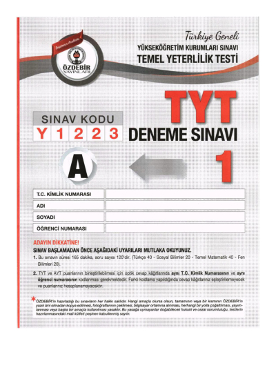 TYT TÜRKİYE GENELİ DENEME SINAVI 1