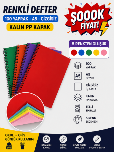 Renkli A5 100 Yaprak Çizgisiz Telli Defter