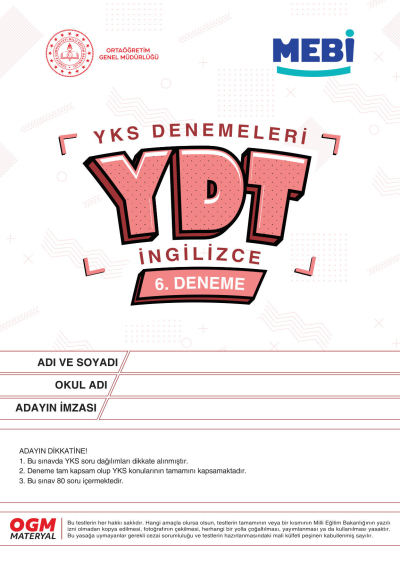 YDT Denemeleri İngilizce 6. Deneme MEBİ